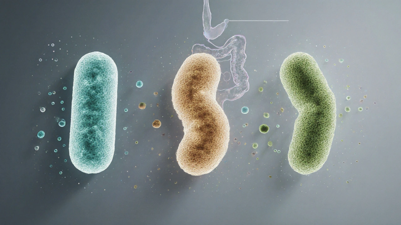 Ilustrace tří probiotických bakterií: Bifidobacterium, Lactobacillus a Bacillus.