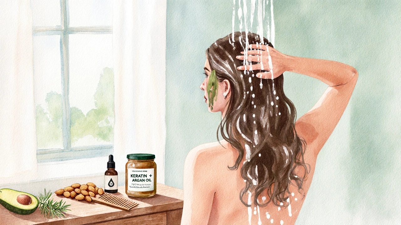 Ilustrace ženy, která myje vlasy, nanáší masku a používá široký hřeben s přírodními ingrediencemi.