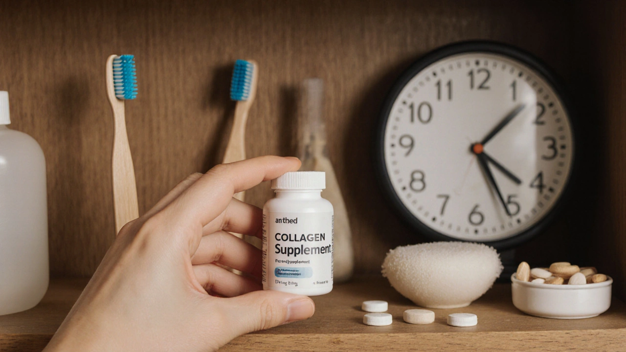 Kolagen na poličce vedle zubní štětce a vitamínů jako součást denní péče.