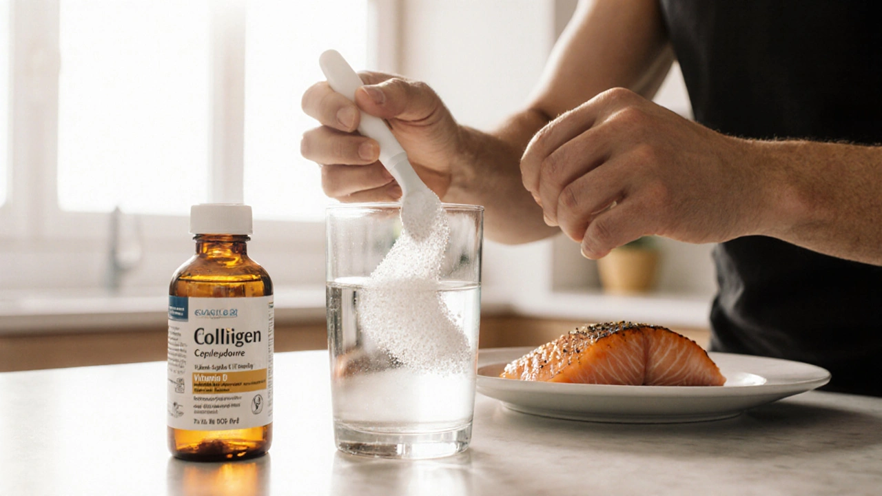 Osoba připravuje kolagenový nápoj s vitamínem D a lososem.