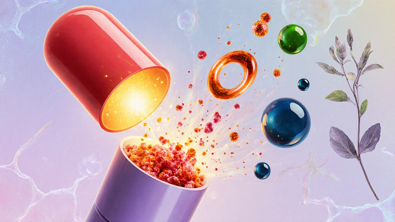 Otevřená kapsle multivitamínů vyzařuje barevné částice B12, D, železo, hořčík, omega‑3 a bylinky.
