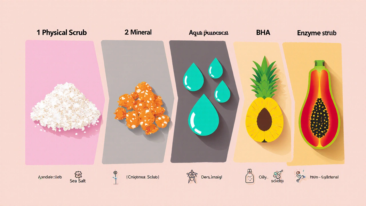 Pěti typů scrubu v grafickém rozložení s přírodními i chemickými složkami.