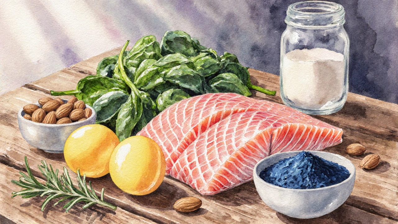 Přírodní suroviny bohaté na biotin, vitamín D, zinek a kolagen na dřevěném stole.