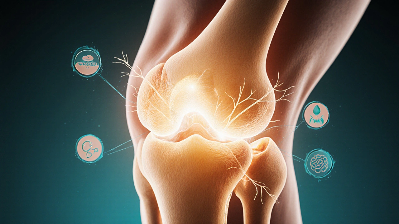Průřez kloubu s kolagenovými peptidy stimulujícími regeneraci chrupavky.