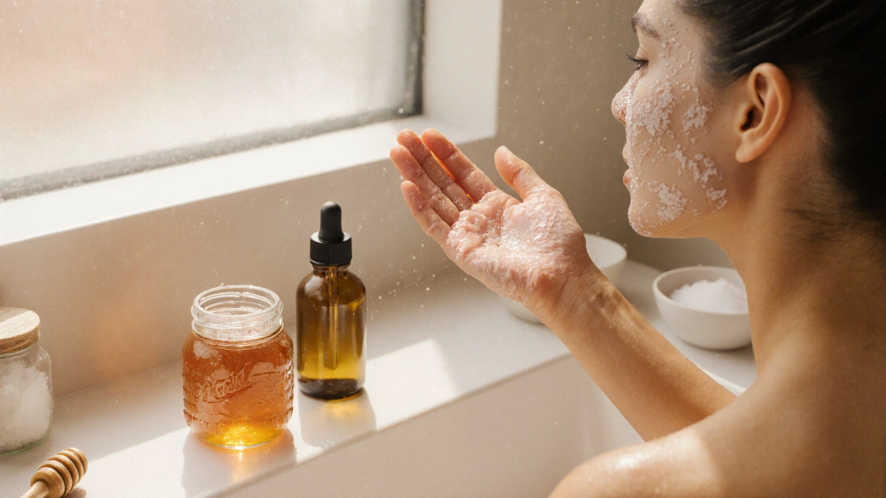 Ruka nanáší domácí cukrový scrub na vlhkou tvář v koupelně.