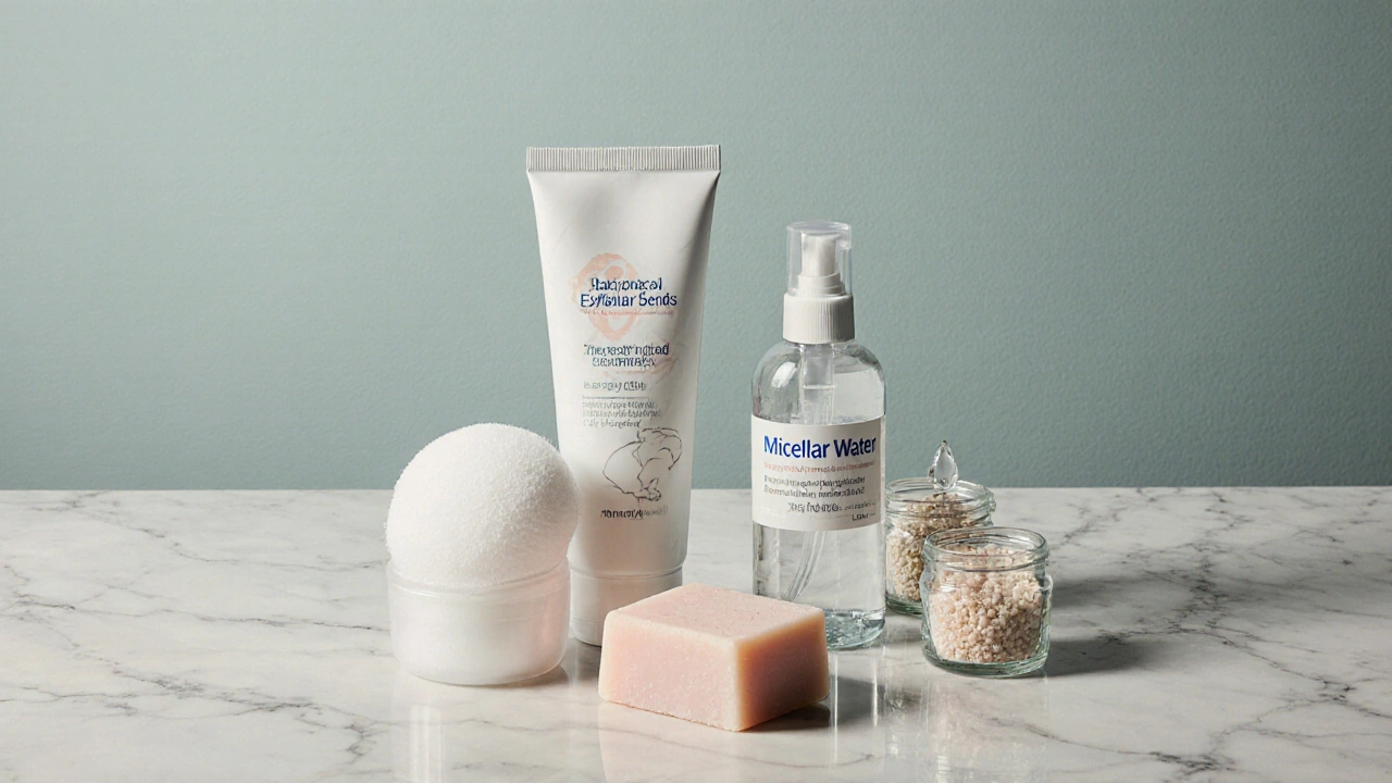 Sada čistících produktů – pěna, mýdlo, micelární voda a exfoliační krystaly, na bílém podkladu.