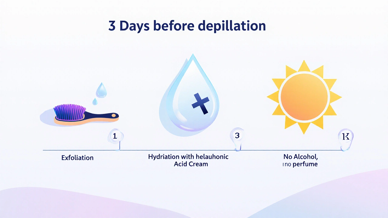 Třídenní příprava na depilaci: pískování, hydratace a vyhnutí se slunci a parfémům.