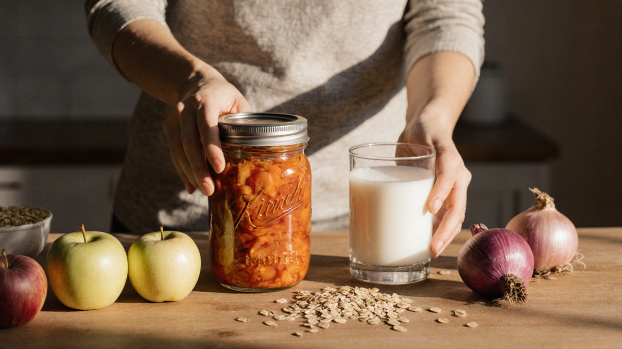 Zdravé potraviny s přirozenými probiotiky: kimchi, kefír, jablka a oves.