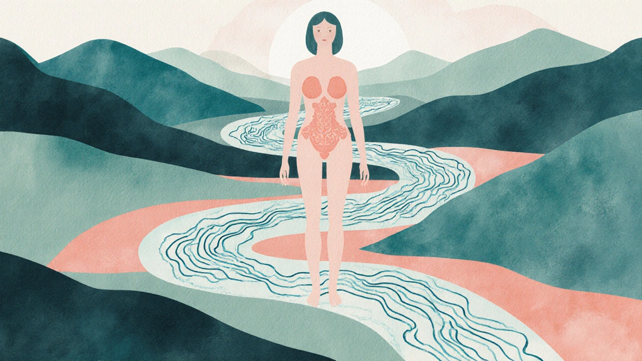 Abstraktní ilustrace těla jako krajiny s hormony jako řekami, které se vyrovnávají.