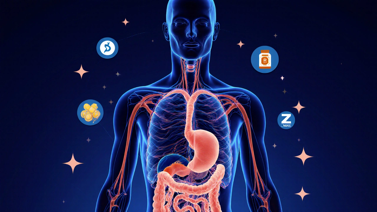 Abstraktní silueta těla s osvětlenými cestami podporovanými vitamíny a aminokyselinami.