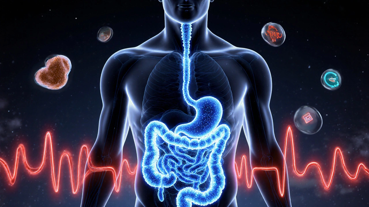 Abstraktní znázornění vstřebávání vitamínu C do krve s kontrastem dne a noci.