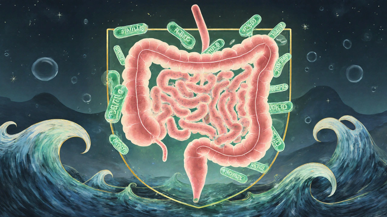 Abstraktní znázornění zdravé střevní flóry jako ochranného štítu v těle.