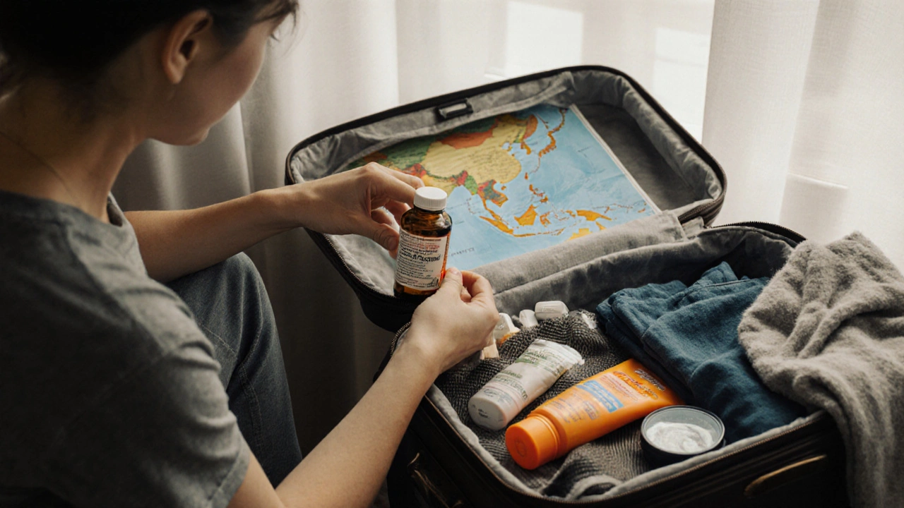 Cestovatel balí probiotika do cestovního pytličku spolu s léky.