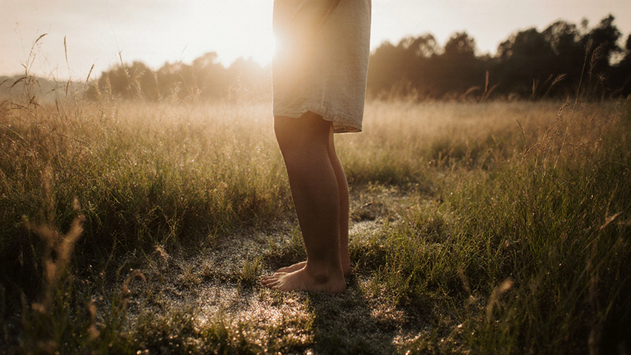 Člověk stojí boso na rosou pokryté trávě při východu slunce.