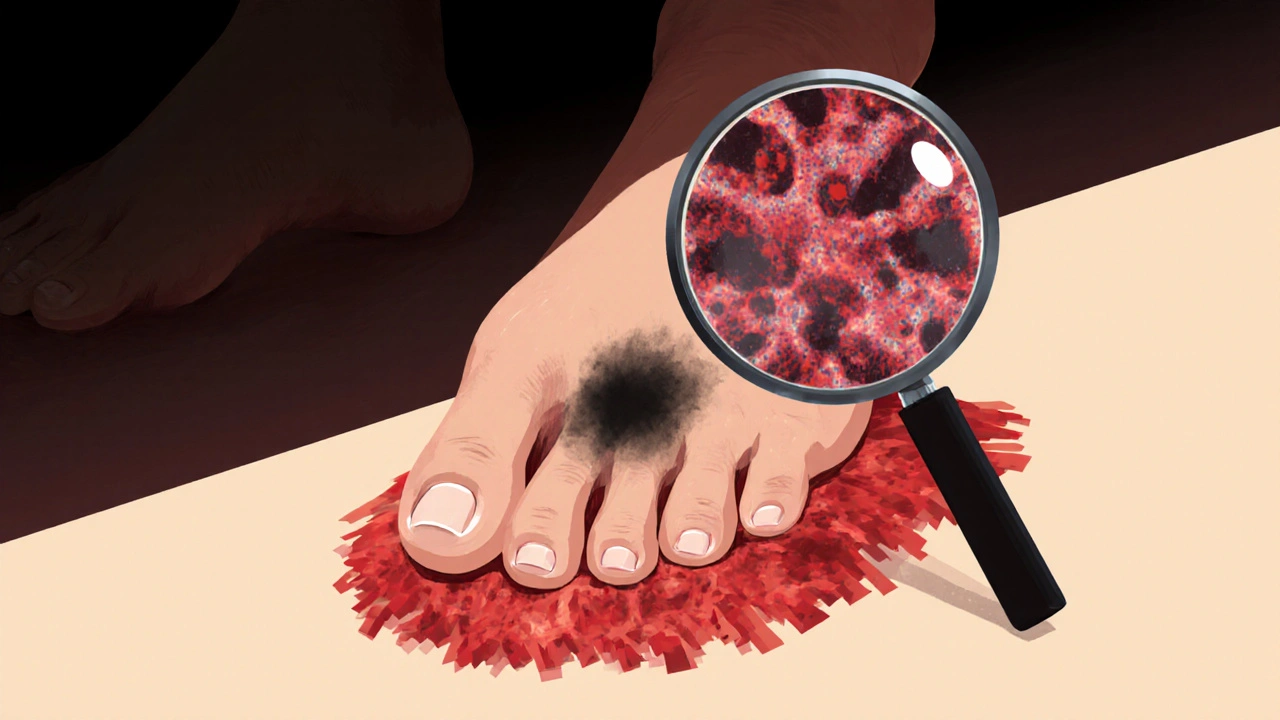 Deformovaný nehet s tmavou skvrnou pod ním a zánětlivou kůží kolem.