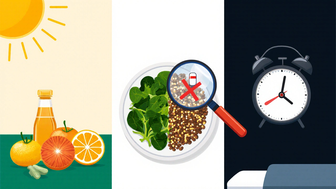 Denní rytmus vitamínu C: ráno, oběd a výstraha před spaním.