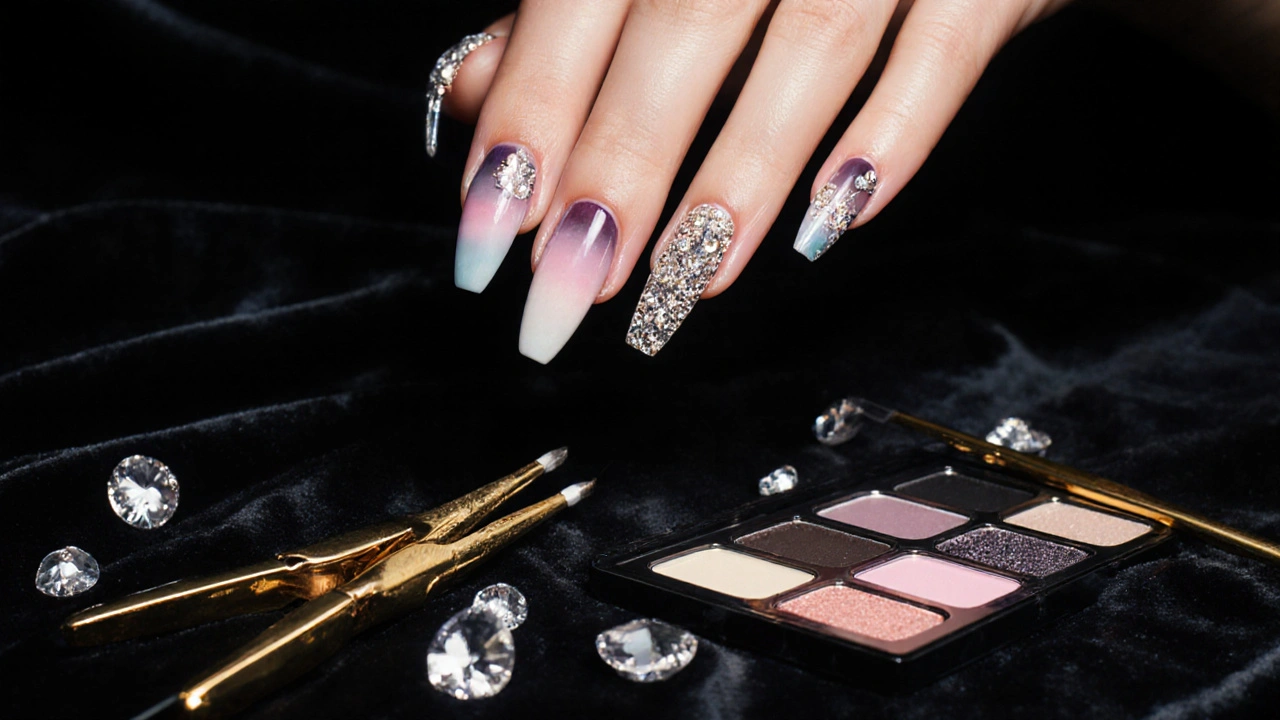 Důmyslný návrh na nehtech s křišťály a přechodovými barvami, vystavující umění manikúry.