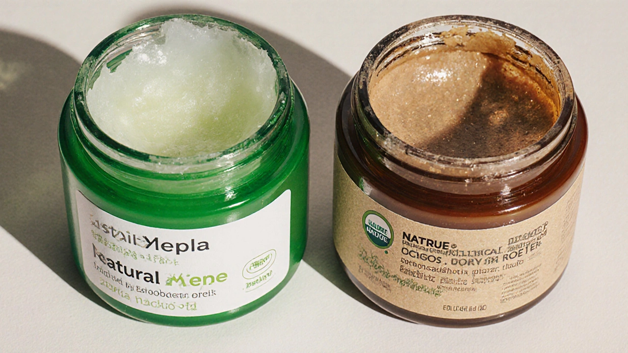 Dva krémy vedle sebe: jeden s umělými barvami a plastovým obalem, druhý s přírodními složkami a certifikačními znaky.