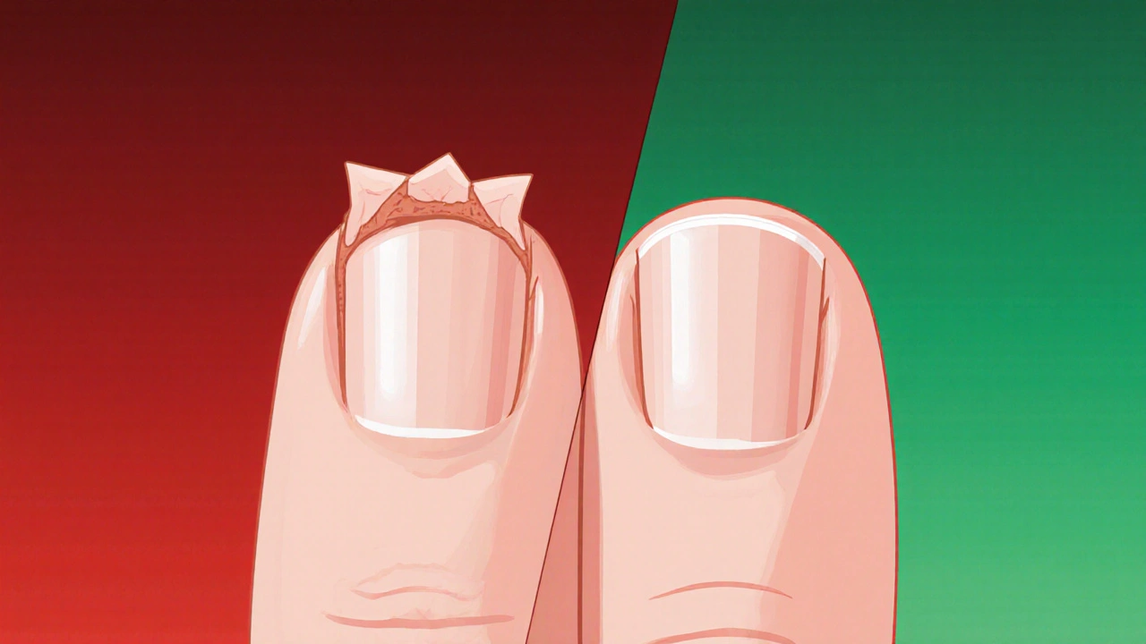 Dva protichůdné vývoje nehtu: poškozený vs. zdravý růst.