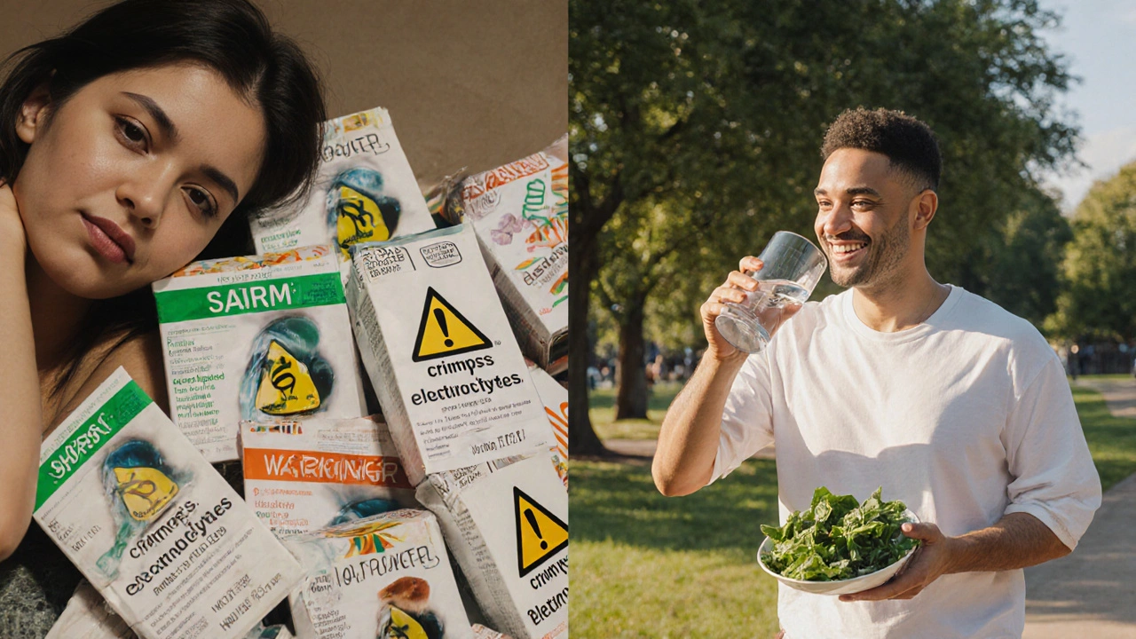 Dvě strany jedné scény: levá ukazuje únavu po detox čaji, pravá ukazuje zdravý životní styl s vodou a zeleninou.