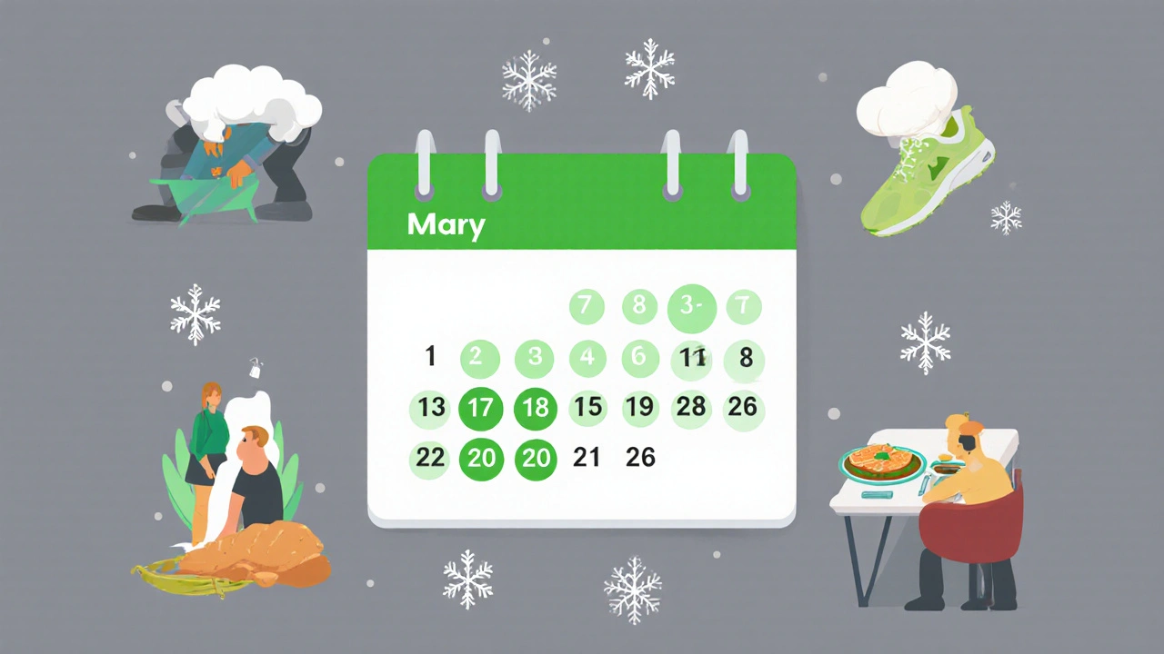 Kalendář s označenými dny pro užívání probiotik v různých situacích.