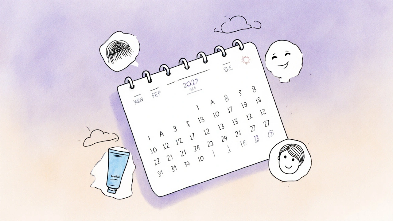 Kalendář s označenými intervaly epilace a symboly péče o kůži.