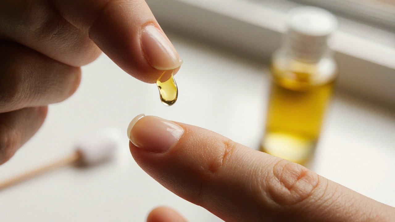 Kapka oleje se pomalu rozšiřuje na kůži kolem nehtu.