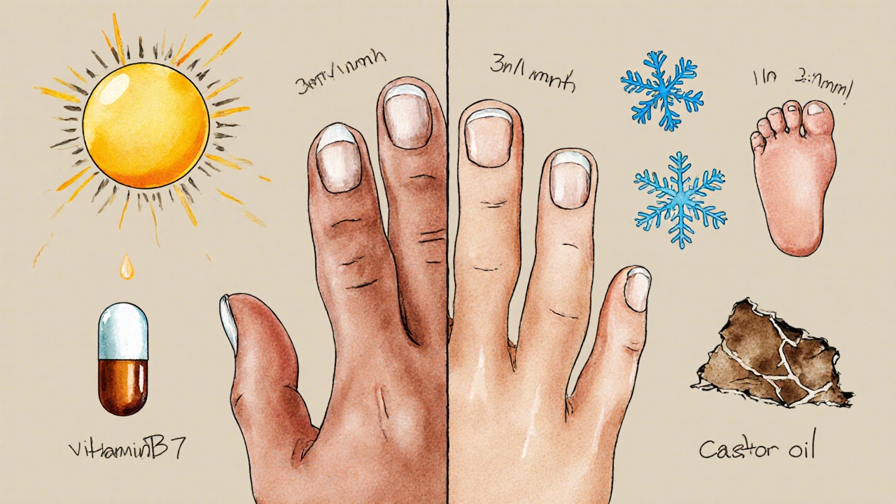 Kontrast růstu nehtů na rukou a nohou s symboly vlivu sezóny a výživy.