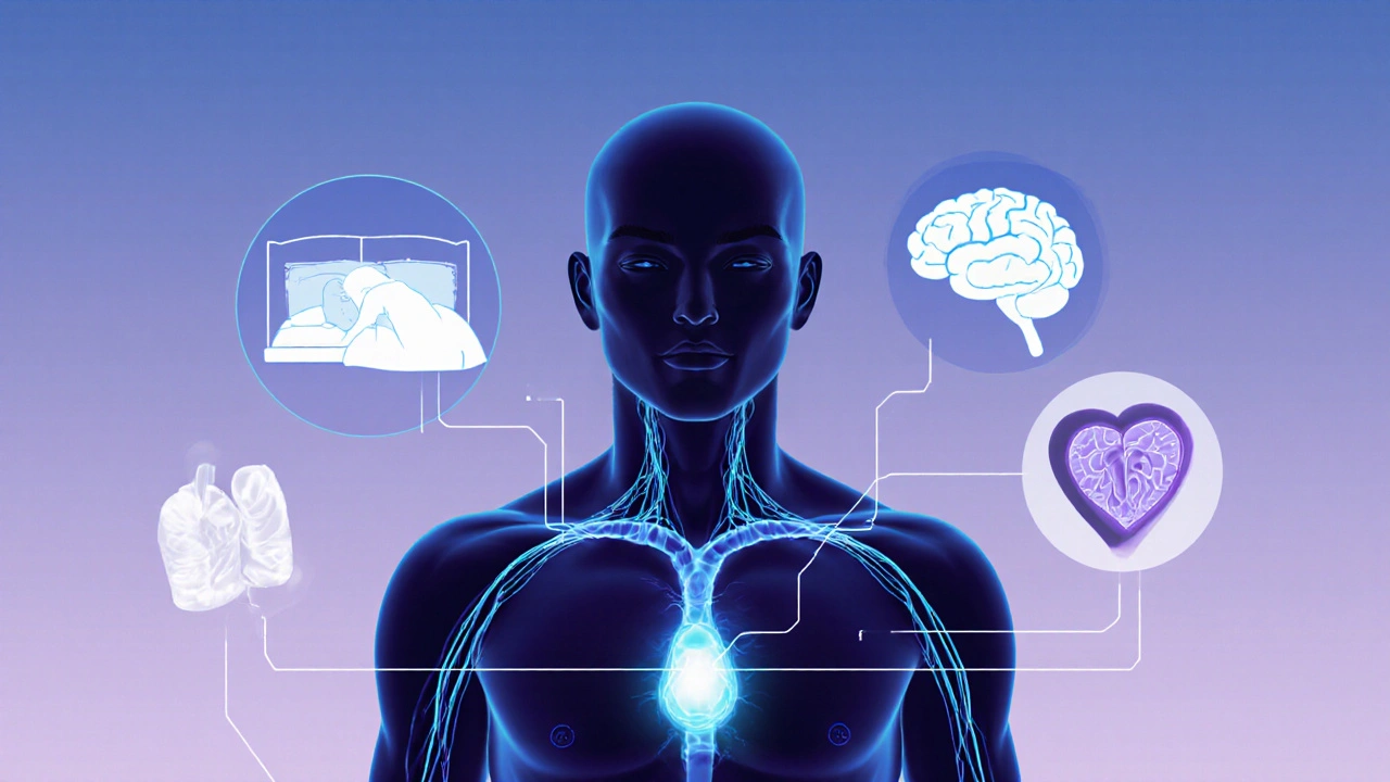 Kresba lidského těla s označenými cestami hořčíku v svalích a nervovém systému.