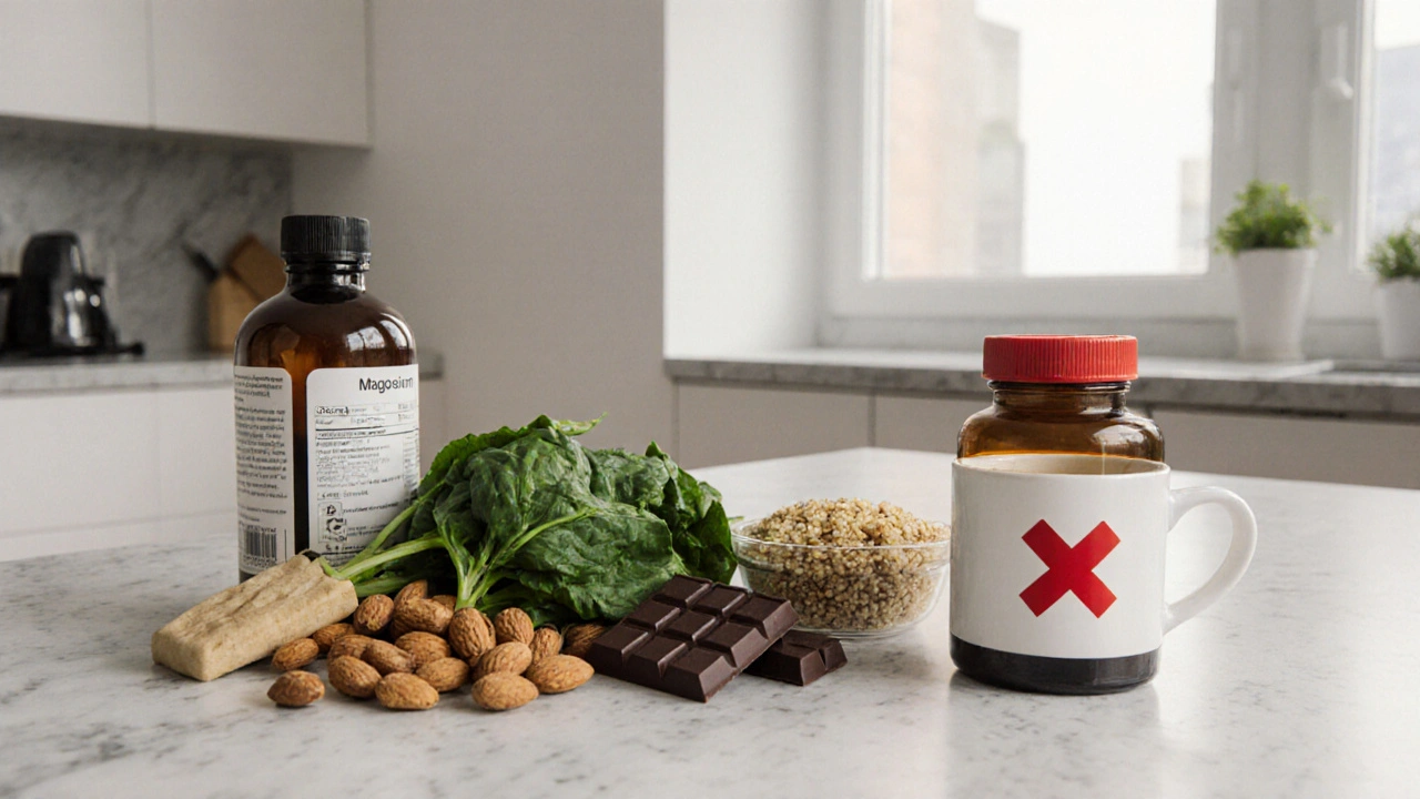 Kuchyňský stolek s potravinami bohatými na hořčík a kávou zakázanou červeným křížkem.