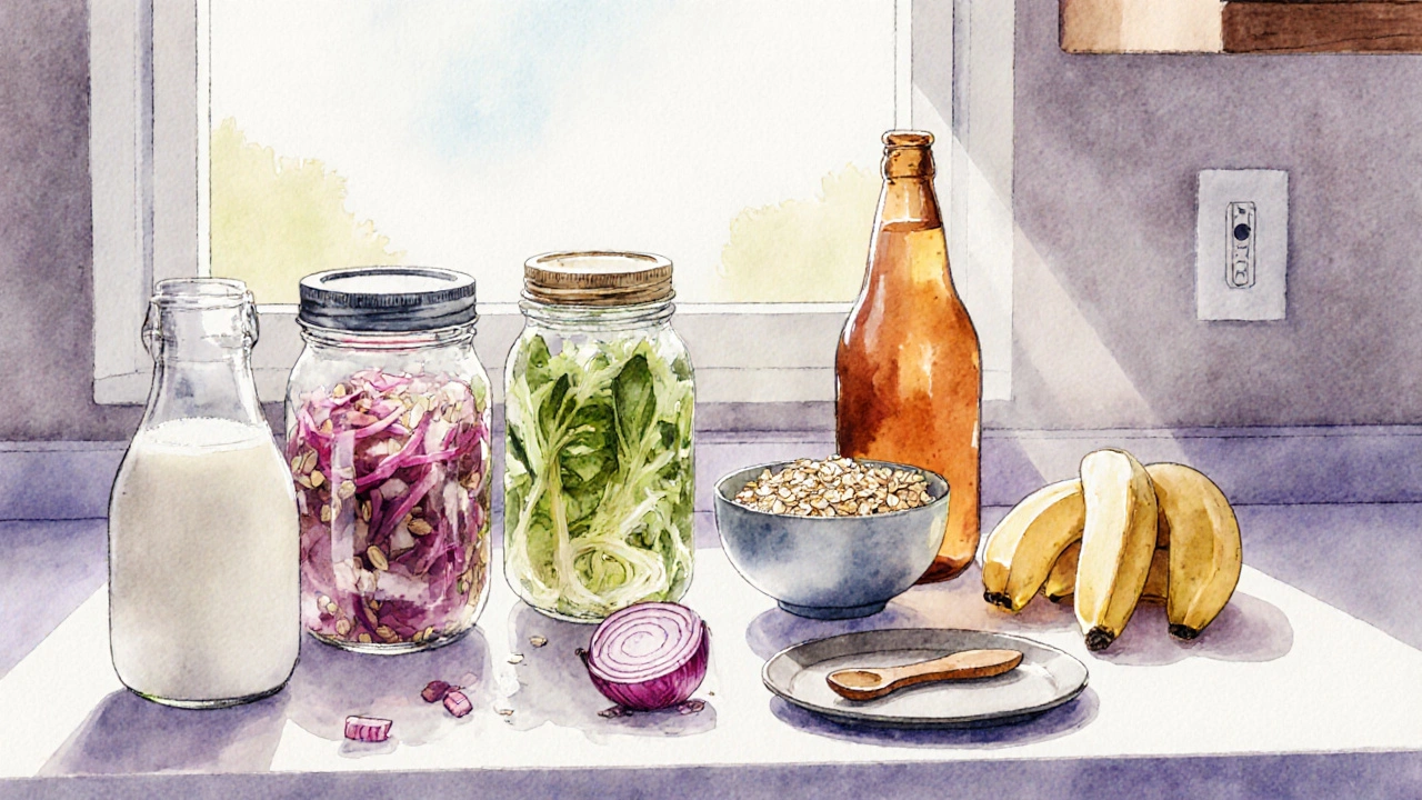 Kvasené potraviny a prebiotika na kuchyňském stole v přírodním světle.