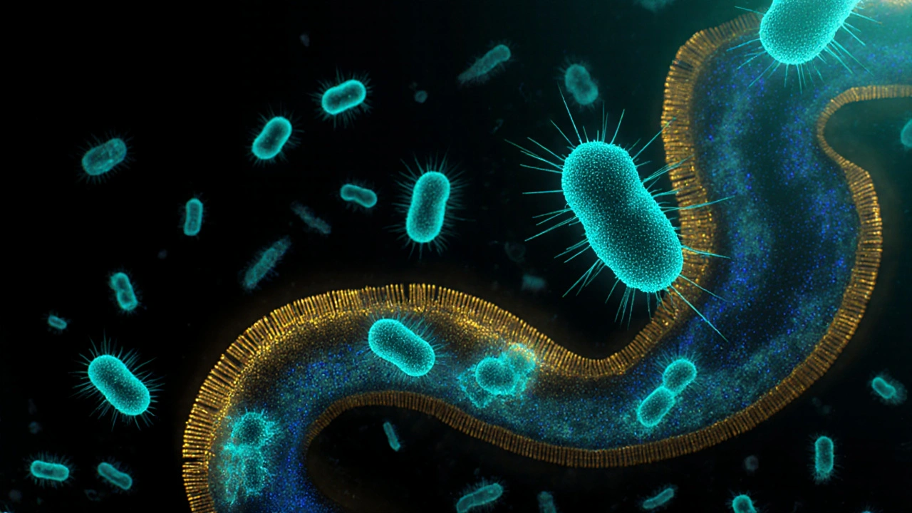 Mikroskopický pohled na kolonizaci střevních buněk prospěšnými bakteriemi.