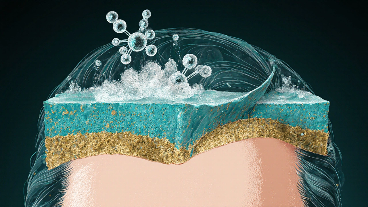 Mikroskopický pohled na kůži hlavy s odstraňováním nečistot a olejů.