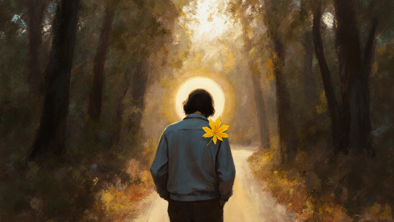 Osoba kráčí lesní cestou, na rameni list, slunce září skrze stromy.