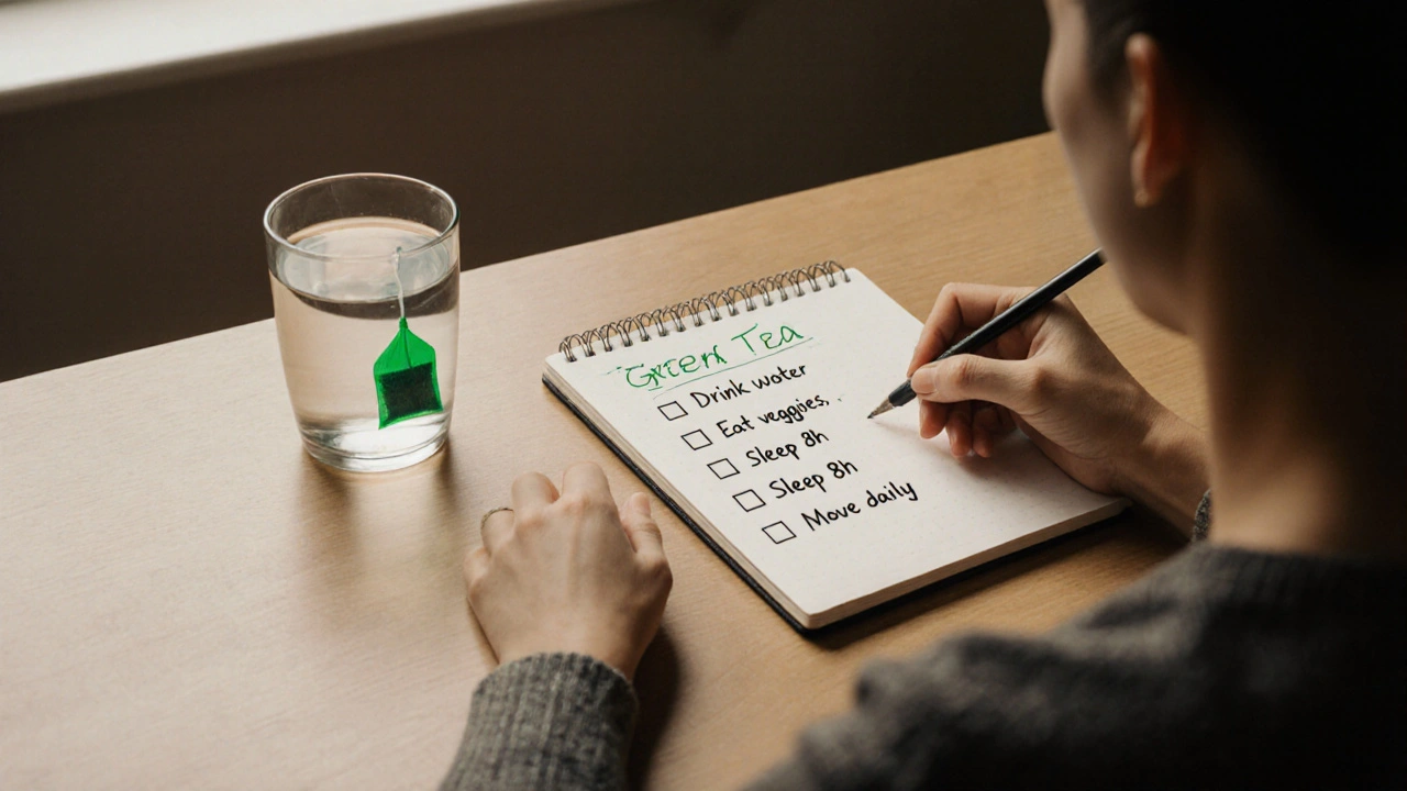 Osoba s notebookem, kde je seznam zdravých návyků, vedle sklenice vody a jednoduchého čajového pytlíku.