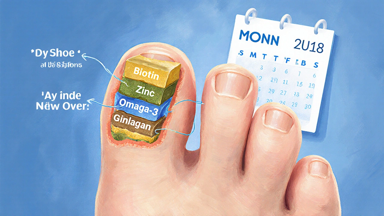 Přehled růstu nehtu s výživou a časem, znázorňující zpevnění nehtu.