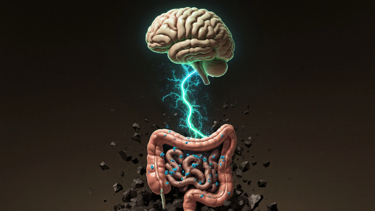 Propojení střeva a mozku světelnou cestou, symbolizující střevně-mozkovou osu.