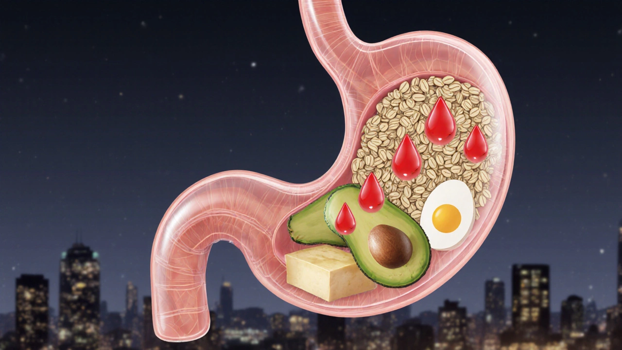 Průřez žaludku ukazující, jak tuky, bílkoviny a vláknina zpomalují vstřebávání alkoholu.