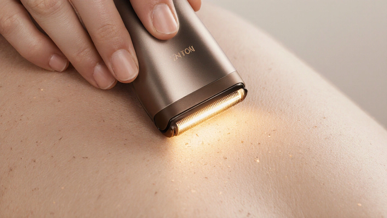 Ruka drží epilátor nad hladkou pokožkou s jemným zářivým světlem.