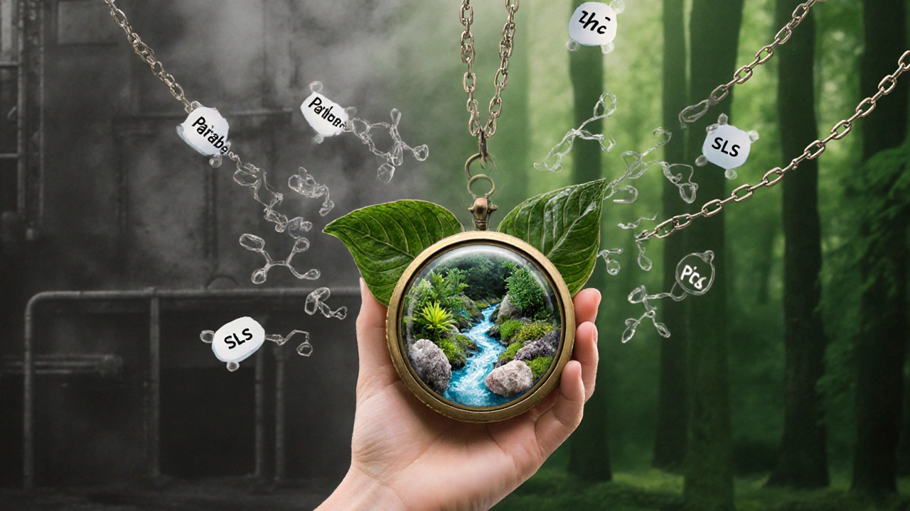 Ruka drží listový locket, uvnitř kterého je přírodní ekosystém, zatímco chemické látky padají jako řetězy.