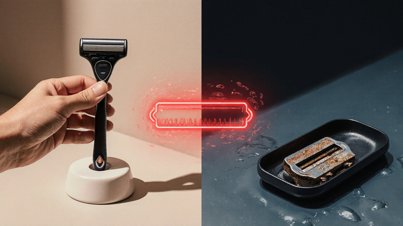 Ruka drží žiletku s červenou čarou označující mikropoškození ostří, pozadí ukazuje rozdíl mezi správným a špatným uchováním.