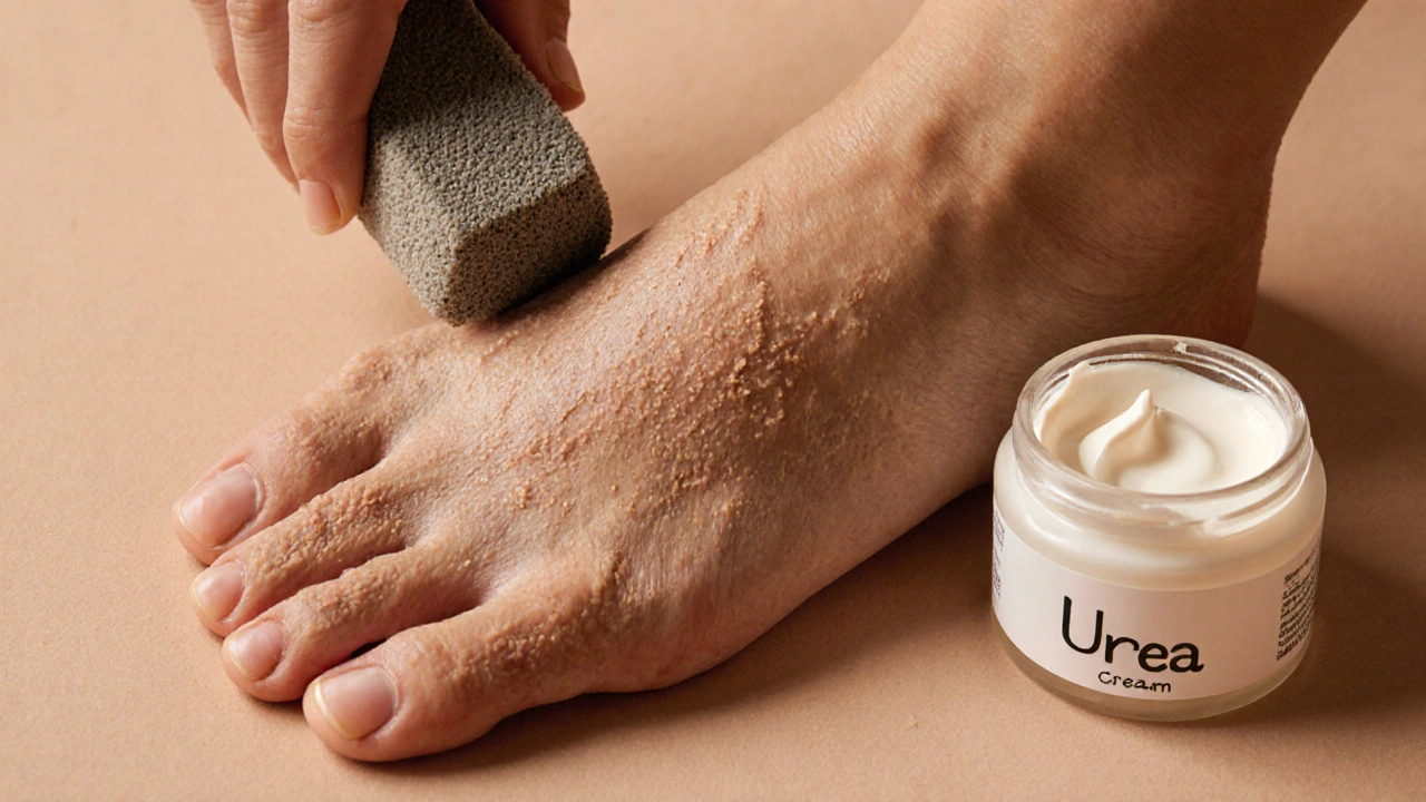 Ruka jemně odstraňuje hrubou kůži z paty pomocí pumice kamene.