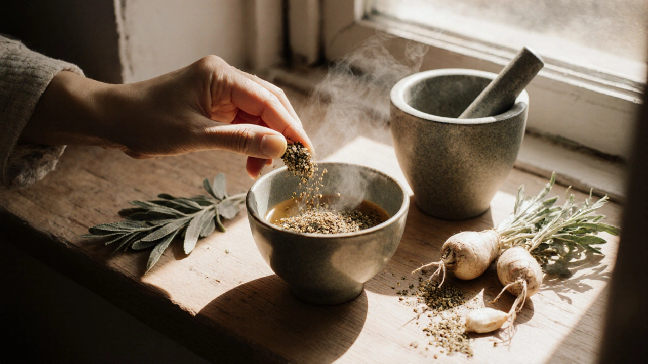 Ruka přidává pelyněk do šálku čaje s sušenými bylinami na stole.