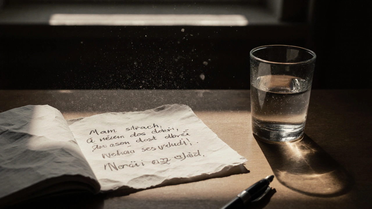 Rukou psaná poznámka na papíře s výrazy strachu a únavy na stole.