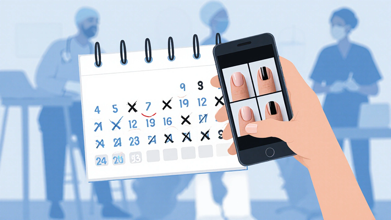 Srovnání fotografií nehtu během měsíců, kde se tmavá čára zvětšuje.