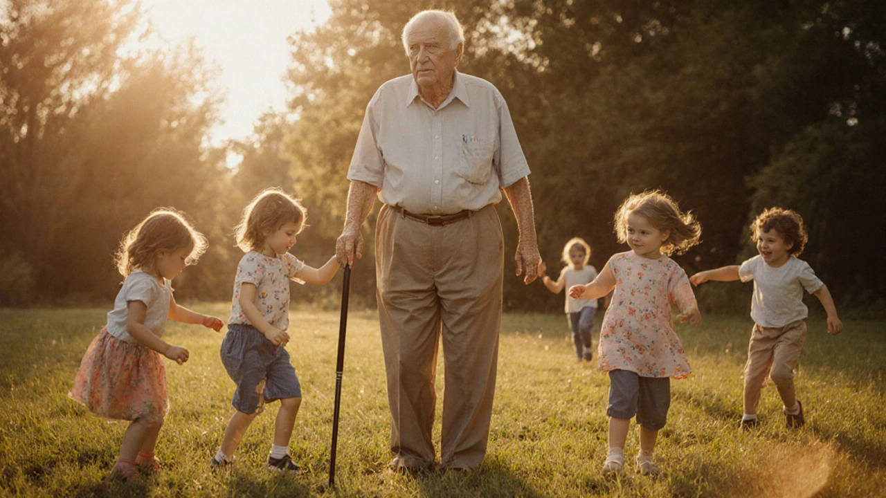 Starší osoba stojí bez opory mezi vnoučaty, symbolizující ztracenou pohyblivost obnovenou kolagenem.