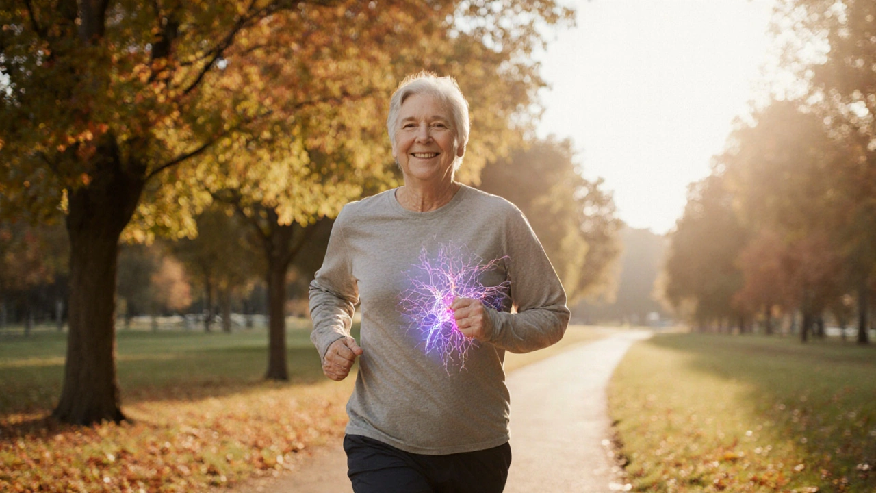 Středně stará osoba se pohybuje v parku, s vizuálním znázorněním obnovy chrupavky v kloubech.