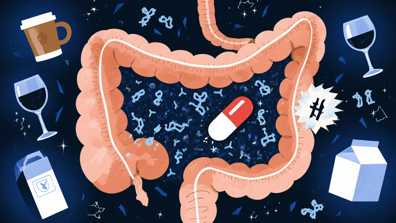 Střevní mikroflóra s prospěšnými bakteriemi chráněná probiotiky, zatímco antibiotika a zakázané látky vypadávají.