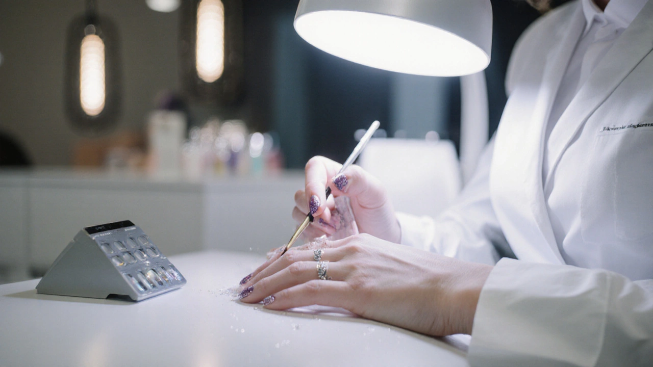 Technička aplikuje gelovou manikúru pod LED lampou v moderním salónu v Praze.