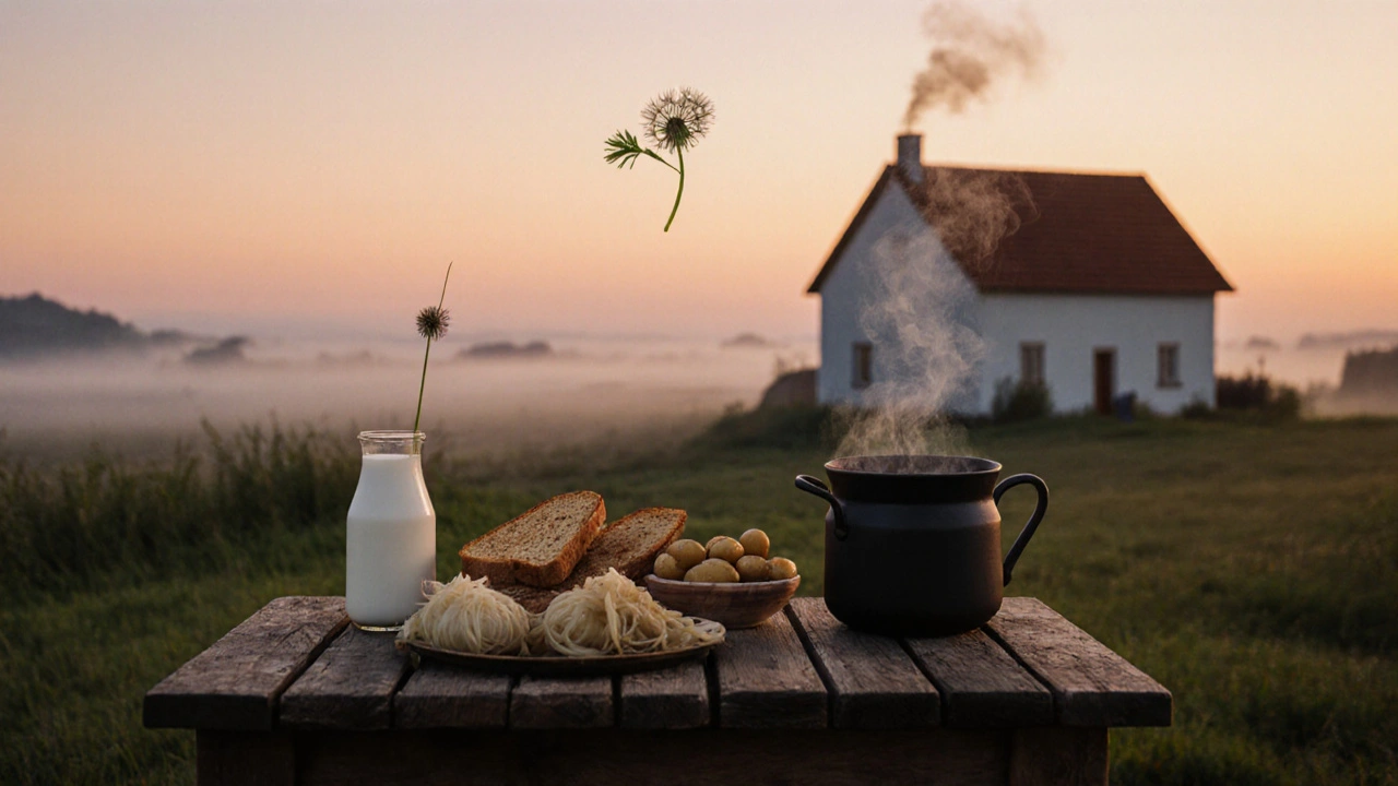 Tradiční české potraviny na stole při soumraku: kefír, kysané zelí, vařené brambory a čaj z kory dubu.